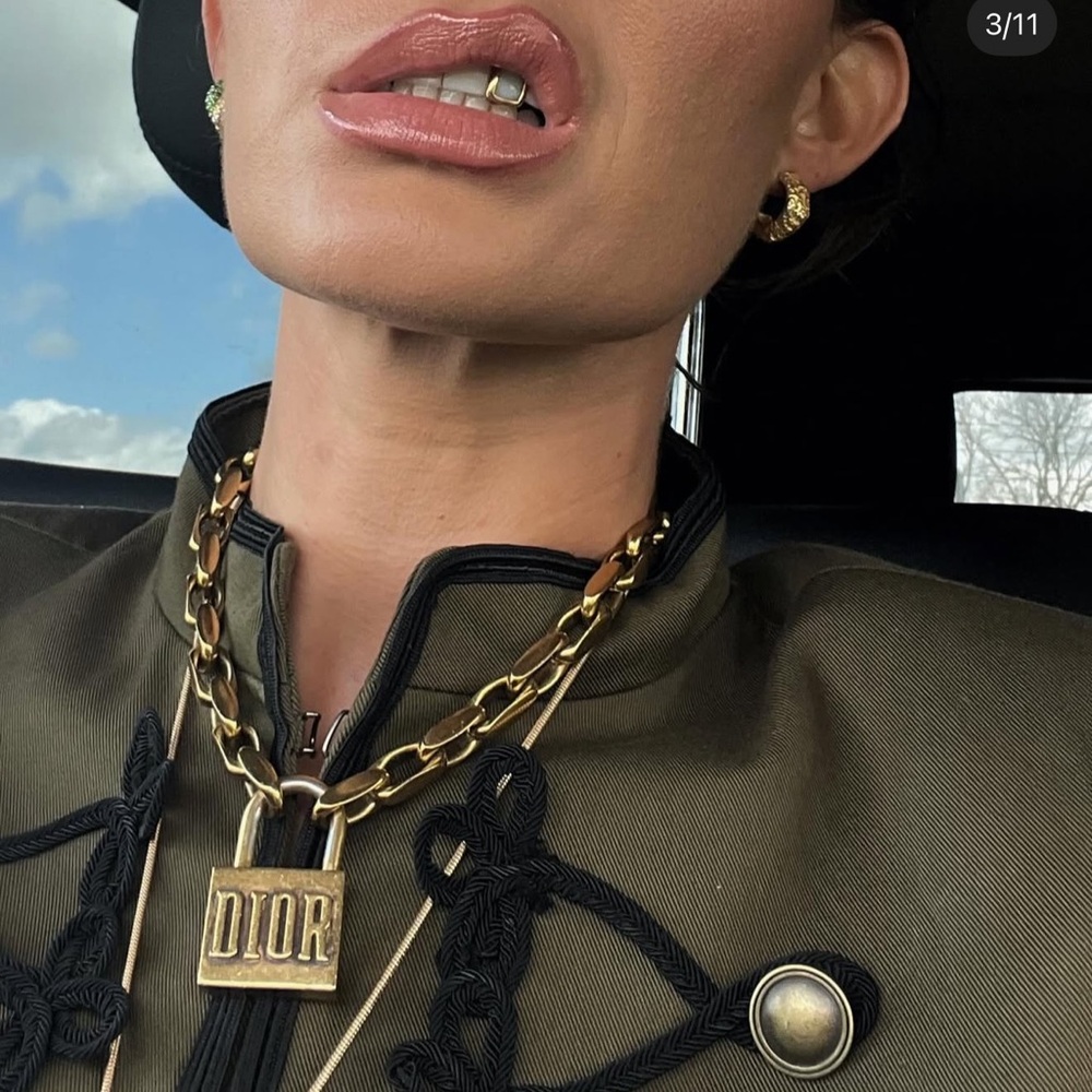 Christian Dior Padlock Chain Necklace Gold Tone Statement Runway Lock Necklace